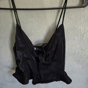 Zara - Black Ruffle Plunge V Neck Crop Fit Tank - Spaghetti Strap Bow - Size XS